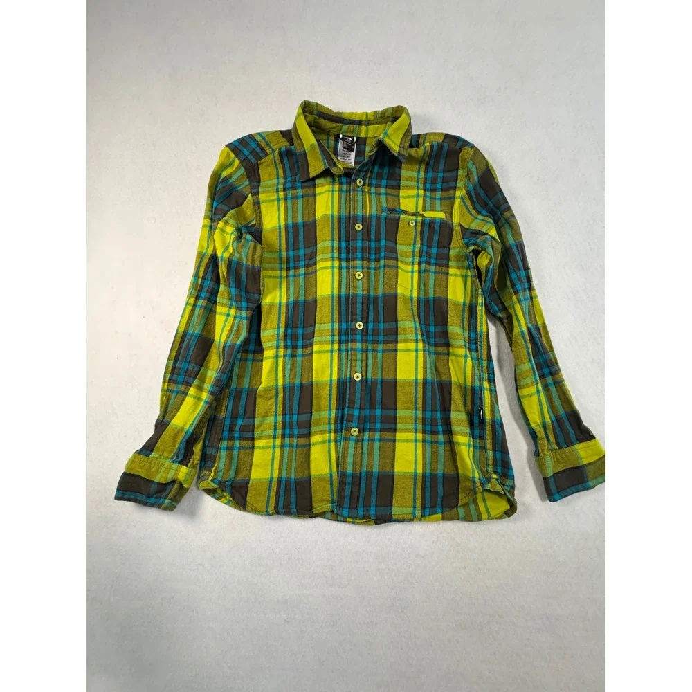 The North Face Mens Circular‎ Design Plaid Flannel Shirt Lime Green Teal Medium